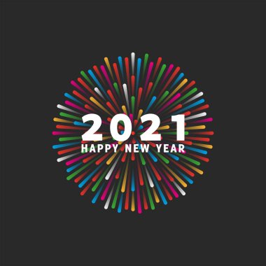 HNY 2021 logosu ve bir parti veya takvim için kış bayramı amblemi için koyu arkaplan renkli parlak havai fişekler üzerine Mutlu Yıllar beyaz metni
