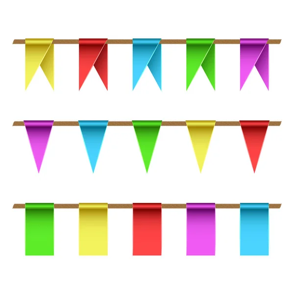 Garlands Set Multi Colored Flags Straight Rope Triangular Rectangular Shape — Stock Vector