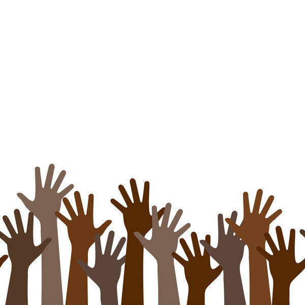 Мультикультурный символ протеста толпы чернокожих людей с поднятыми руками, командная работа многонациональной команды, горизонтальный бесшовный рисунок