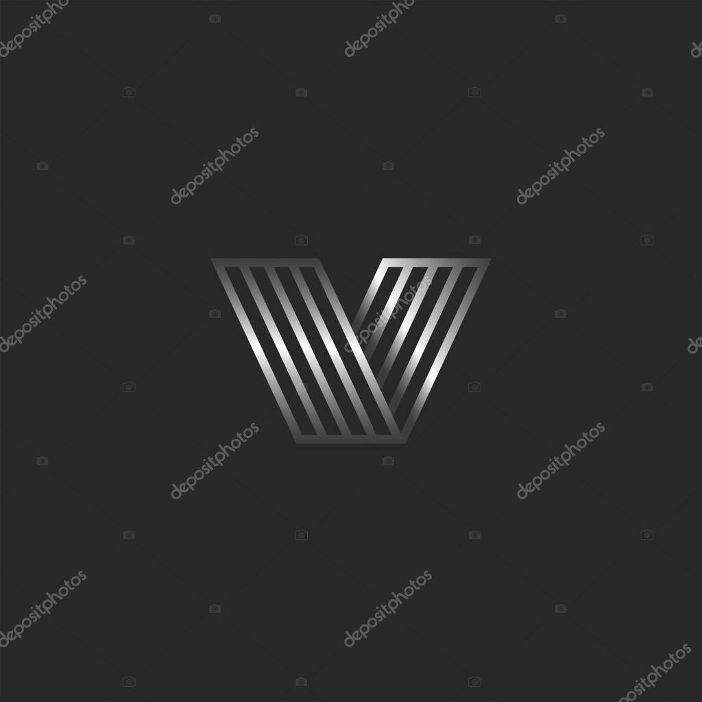 Monogram V 3d logo letter creative monogram, direction symbol, typography design element, metallic gradient stripes