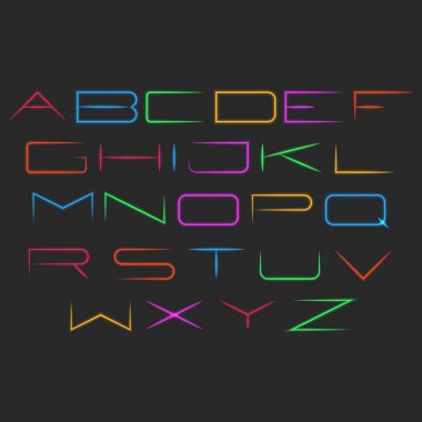 Parlak neon yazı tipi tipografi modeli, ince parlak renkli çizgilerden gelen harfler, tatil posterleri ve afişlerin tasarımı için asgari dekor