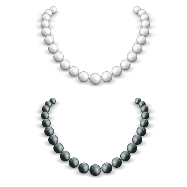 女性脖子上的白色和黑色珍珠项链 3D矢量模拟珠宝 白色背景中孤立的女性配件 — 图库矢量图片