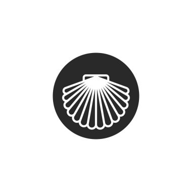 Yuvarlak kabuklu deniz tarağı logosu, ince çizgiler halinde kabuklu deniz hayvanı lezzeti silueti minimalist stil, deniz ürünleri restoranının menüsü için amblem..