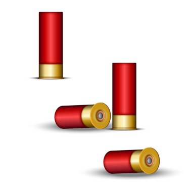 Av ve roket atışları için av tüfeği fişeği, kapsüllü kırmızı fişekler, beyaz üzerine izole edilmiş gerçekçi 3D vektör modeli.