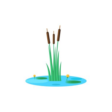Küçük gölet sahnesinde Reed ve Nilüferler, doğal manzara minyatür izole vektör çizimi