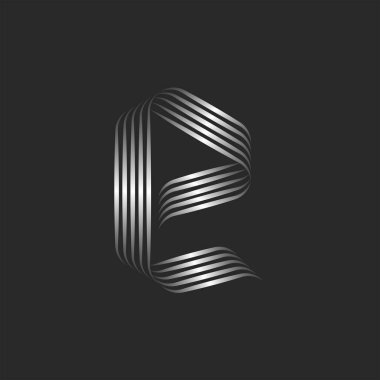 Kıvrımlı küçük harfli e logo monogramı, düz paralel ince çizgilerden metalik grafikler dokuyor, yuvarlak kaligrafi ögesi