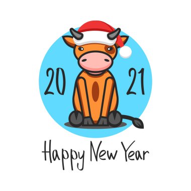 2021 Çin Yeni Yıl Sembolü Noel Baba şapkasında öküz logosu, şirin çizgi film bebek boğası, bayram için çocuk çizimi mutlu yıllar mesajı, tebrik kartı modeli.