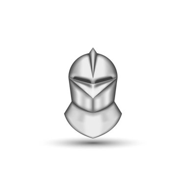 Beyaz arka planda izole edilmiş ortaçağ şövalye miğferi gerçekçi ön görünümü, klasik metal zırh kafa koruması, klipsli sanat 3d vektör illüstrasyonu