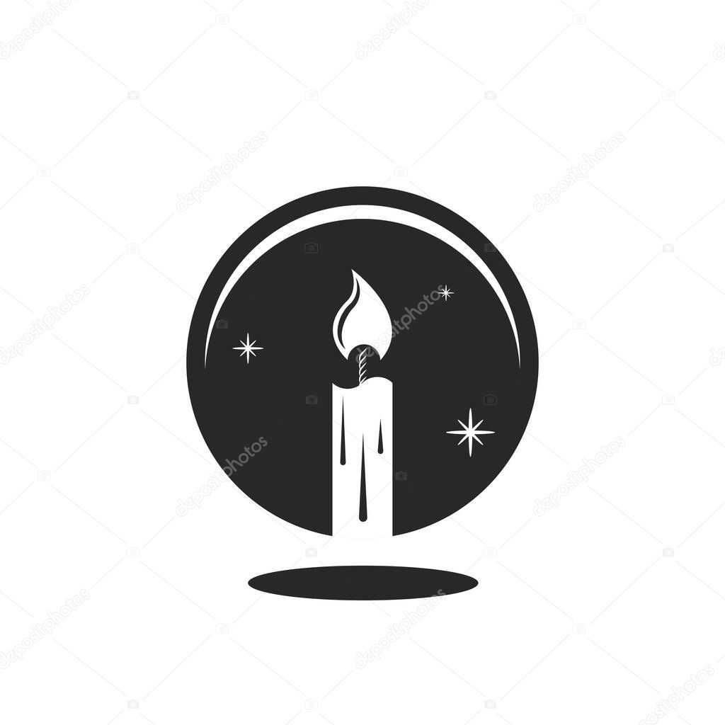 Fortune teller logo, reflection of a burning candle in a magic crystal ball, mystical illustration minimal style negative space mysterious symbol.