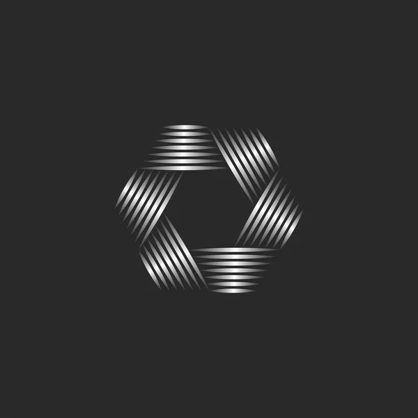 写真家のロゴ抽象的なレンズ開口六角形の形状 写真スタジオのための創造的なエンブレム 金属グラデーションラインからの視覚効果 — ストックベクタ