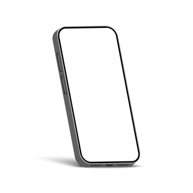Beyaz arkaplanda izole edilmiş beyaz ekran, yumuşak gölgeli, gerçekçi 3d vektör model telefon perspektifi aygıtı ile Isome gri akıllı telefon modelleme çizimi.