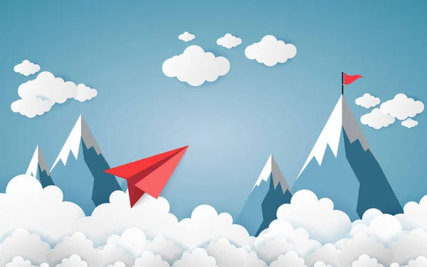 Kağıt Sanatı Konsepti Bulut Dağ Gökyüzünde Uçan Uçak Tasarım Vektörü — Stok Vektör