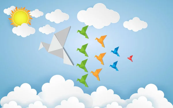 Origami Hizo Colorido Pájaro Con Nubes Origami Arte Papel Estilo — Vector de stock