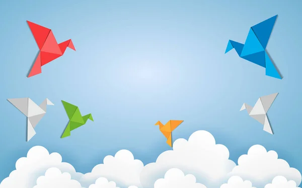 Origami Fez Pássaro Colorido Com Nuvens Origami Arte Papel Estilo — Vetor de Stock