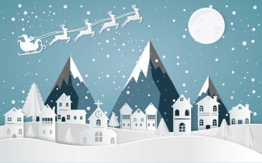 Noel Baba Sledge 'de araba kullanıyor, kışları evleri ve karlı kağıt sanatı var. Tasarım vektöründeki güzel manzara