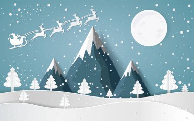 Noel Baba Sledge 'de araba kullanıyor, kışları evleri ve karlı kağıt sanatı var. Tasarım vektöründeki güzel manzara