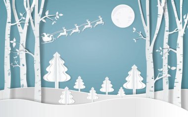 Noel Baba Sledge 'de araba kullanıyor, kışları evleri ve karlı kağıt sanatı var. Tasarım vektöründeki güzel manzara
