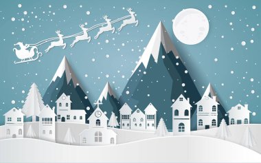 Noel Baba Sledge 'de araba kullanıyor, kışları evleri ve karlı kağıt sanatı var. Tasarım vektöründeki güzel manzara