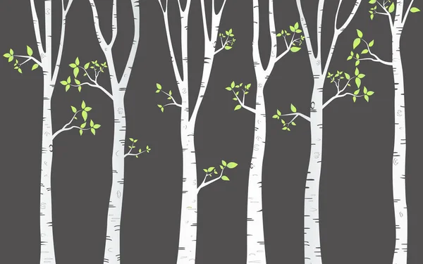 Birch Tree Deer Birds Silhouette Background — Stock Vector