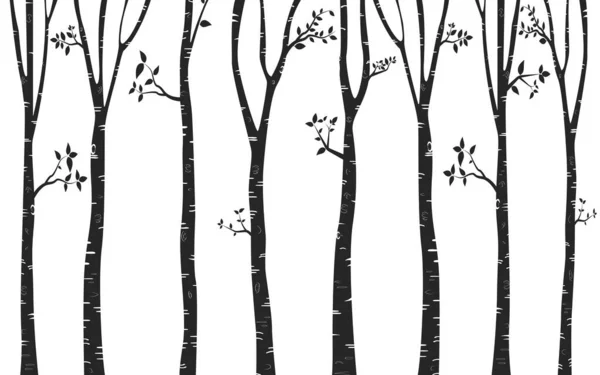 鹿や鳥のいる白樺の木シルエット背景 — ストックベクタ