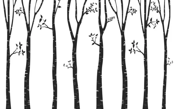 Birch Tree Med Hjort Fugler Silhouette Bakgrunn – stockvektor