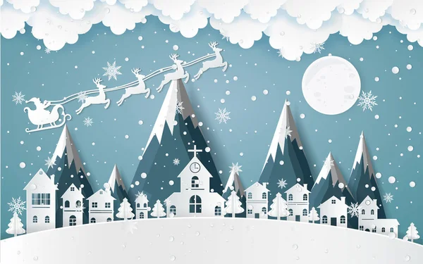 Santa Claus Conducir Trineo Invierno Con Casas Arte Papel Nevado — Vector de stock