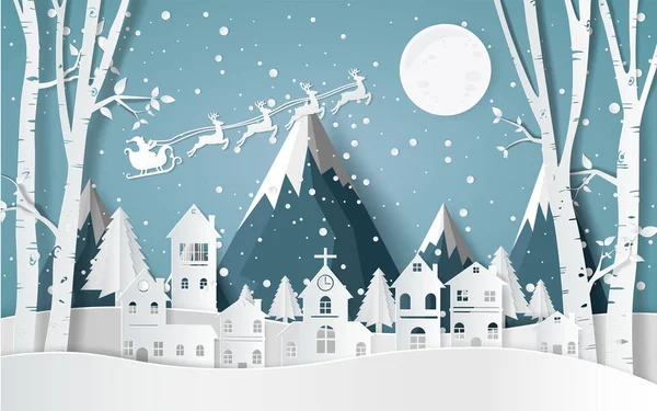 Santa Claus Conducir Trineo Invierno Con Casas Arte Papel Nevado — Vector de stock