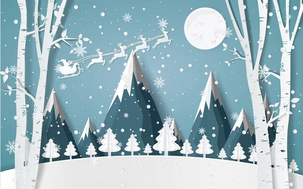 Babbo Natale Guida Slitta Inverno Con Case Carta Nevosa Arte — Vettoriale Stock