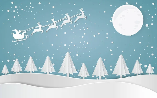 Santa Claus Driving Sledge Winter Homes Snowy Paper Art Красивые — стоковый вектор