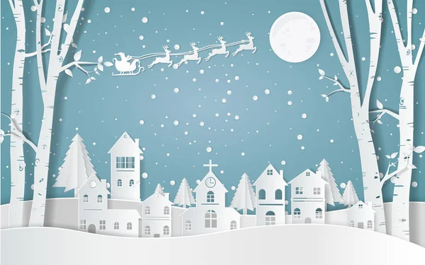 Santa Claus Conducir Trineo Invierno Con Casas Arte Papel Nevado — Vector de stock