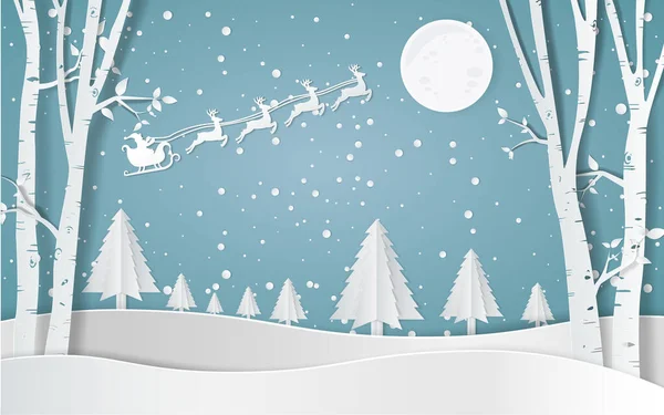 Santa Claus Conducir Trineo Invierno Con Casas Arte Papel Nevado — Vector de stock