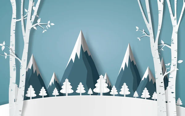 Winter Mit Häusern Und Schneebedeckter Papierkunst Schöne Landschaft Designvektor — Stockvektor