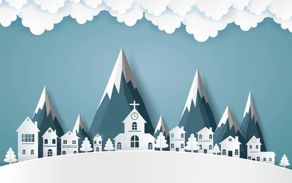 Invierno Con Casas Arte Papel Nevado Hermoso Paisaje Vector Diseño — Vector de stock