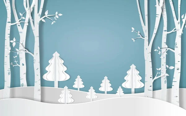 Feliz Natal Floresta Neve Pinheiros Inverno Montanha Papel Vetor Ilustração — Vetor de Stock