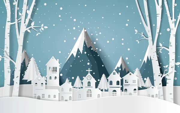 Invierno Con Casas Arte Papel Nevado Hermoso Paisaje Vector Diseño — Vector de stock