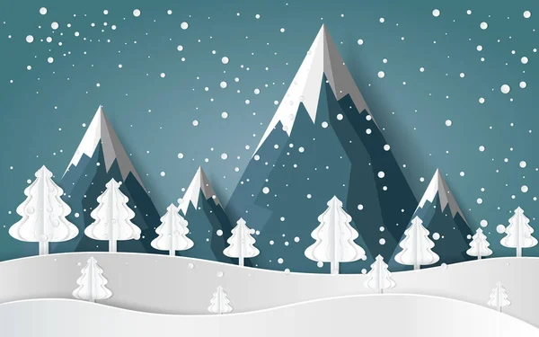 Frohe Weihnachten Schneewald Kiefern Winter Und Berg Paper Vector Illustration — Stockvektor