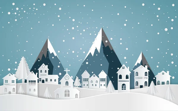 Invierno Con Casas Arte Papel Nevado Hermoso Paisaje Vector Diseño — Vector de stock