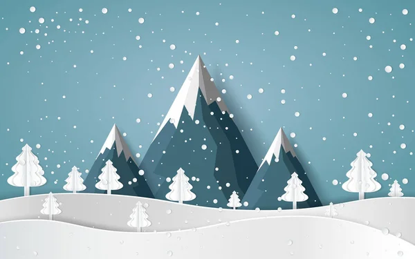 Frohe Weihnachten Schneewald Kiefern Winter Und Berg Paper Vector Illustration — Stockvektor