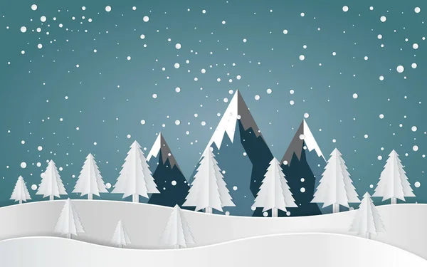 メリークリスマススノーフォレスト 冬の松と山の紙ベクトルイラスト — ストックベクタ