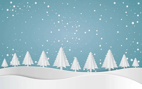 Feliz Navidad Bosque Nieve Pinos Invierno Montaña Vector Papel Ilustración — Archivo Imágenes Vectoriales