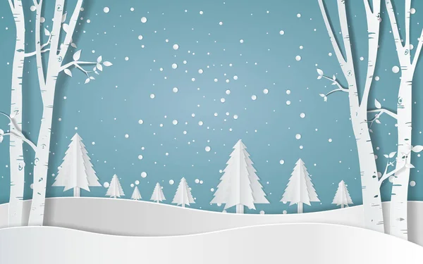 Frohe Weihnachten Schneewald Kiefern Winter Und Berg Paper Vector Illustration — Stockvektor