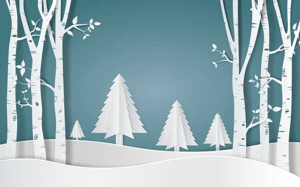 Merry Christmas Snow Forest Pines Winter Mountain Paper Vector Illustration — Stock Vector