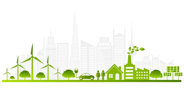 Ecologisch Concept Met Groene Stad Aarde Duurzame Ontwikkeling Wereldmilieuconcept Vectorillustratie — Stockvector