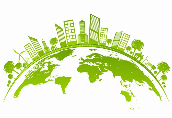Ecologisch Concept Met Groene Stad Aarde Duurzame Ontwikkeling Wereldmilieuconcept Vectorillustratie — Stockvector