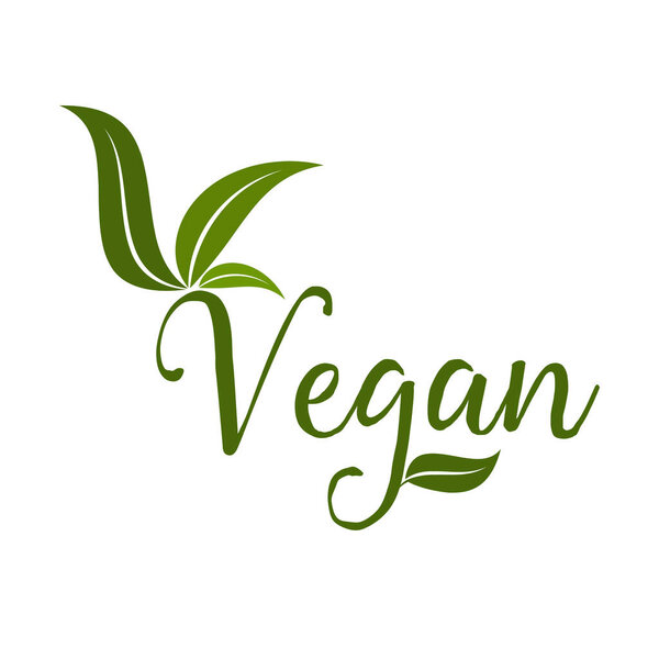 Веганская икона. Озил, Экология, Органические логотипы и значки, этикетка, тег. Зеленый лист на белом фоне. Векторная иллюстрация
