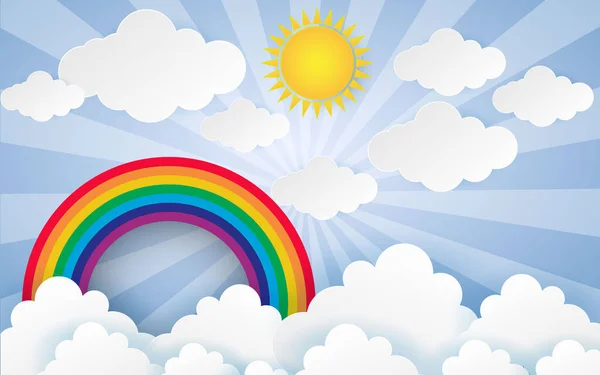 Cloud Rainbow Blue Sky Paper Art Style Concept Season Day — Διανυσματικό Αρχείο