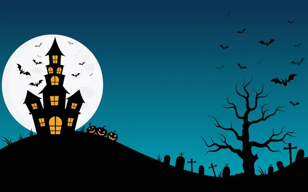 Casa Embrujada Luna Llena Con Fantasma Fondo Noche Horror Ilustración — Vector de stock
