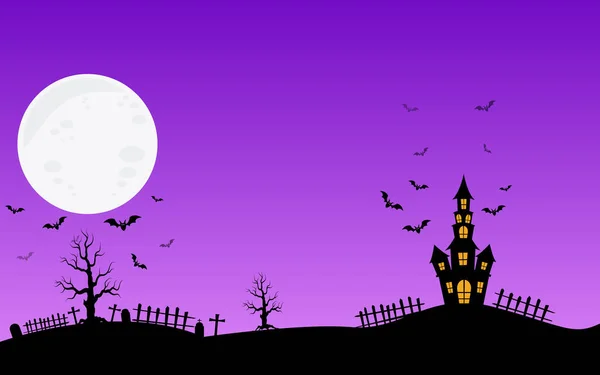 Casa Embrujada Luna Llena Con Fantasma Fondo Noche Horror Ilustración — Vector de stock