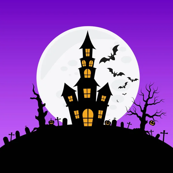 Casa Assombrada Lua Cheia Com Fantasma Horror Noite Background Vector —  Vetores de Stock