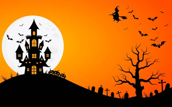 Casa Assombrada Lua Cheia Com Fantasma Horror Noite Background Vector —  Vetores de Stock